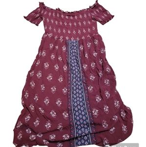 Xhiliration Cottage Core Maroon Ruched top dress